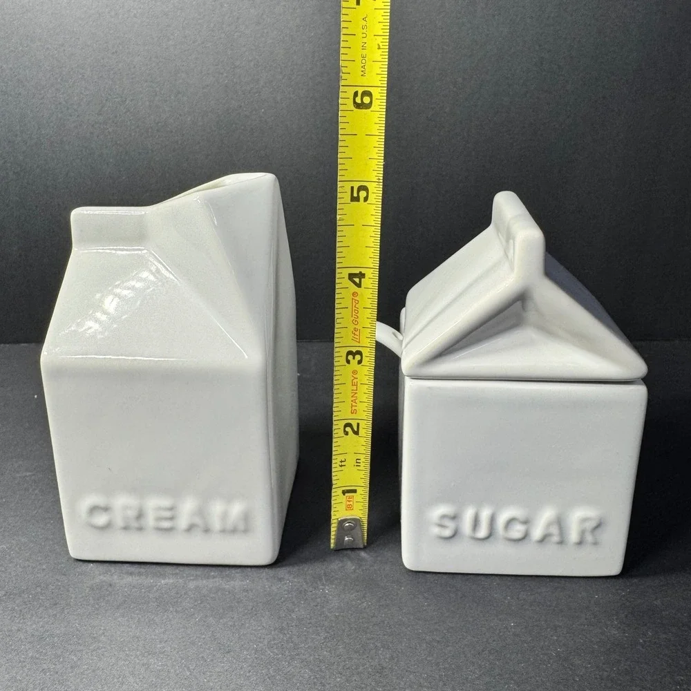 Pier 1 Imports White Stoneware Milk Carton Cream and Sugar‎ Set with Spoon